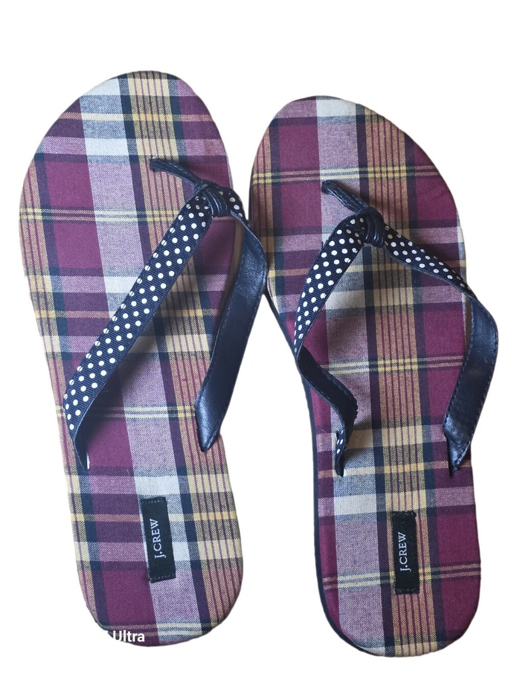 Vintage J.Crew Plaid & Polka Dot Ribbon Wedge Flip Flops - EUC 10" Long
